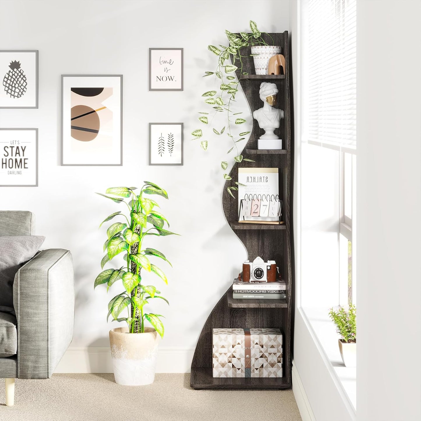 Tribesigns Corner Shelf, Modern 5-Tier Wall Corner Bookshelf, Stylish Corner Small Bookcase Storage Rack Plant Stand with Unique Shape for Living Room, Home Office (White, 1PC)
