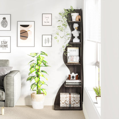 Tribesigns Corner Shelf, Modern 5-Tier Wall Corner Bookshelf, Stylish Corner Small Bookcase Storage Rack Plant Stand with Unique Shape for Living Room, Home Office (White, 1PC)