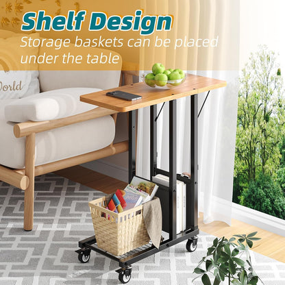 Simple Trending C Shaped End Table, TV Tray for Couch, Small Side Table with Metal Frame, for Living Room Bedroom, Rustic Brown