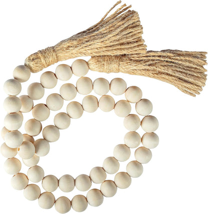 Farmhouse Wood Bead Garland Home Decor, Natural Wooden Garland for Tiered Tray, Decorative Tassel for Tier Tray, Rustic Beads Centerpiece Boho Table Decor, Beaded Accent White Washed