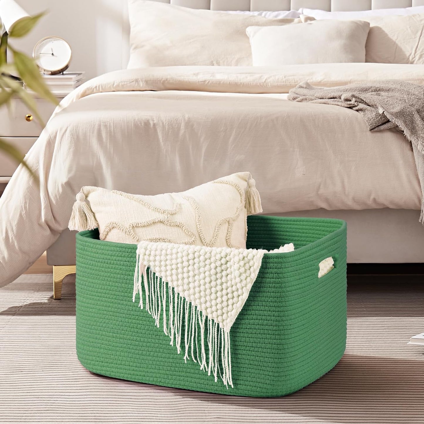 OIAHOMY 75L Large Woven Cotton Rope Storage Basket with Handle for Organizing Blanket and Toys for Living Room, Nursery, Brown Variegated 22”x17”x12”