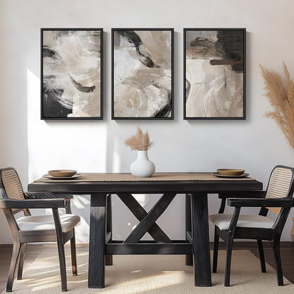 Large Framed Neutral Abstract Wall Art for Living Room, 3 Piece Modern Canvas Prints Paintings Artwork for Walls, Black and Beige Pictures for Living Room Hallway Stair Office Wall Decor 24x36 Inch