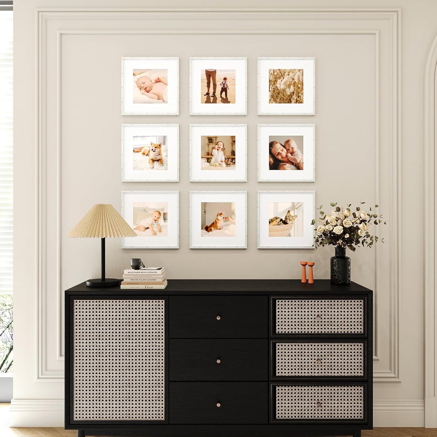 12x12 Picture Frame Set of 9, Display Pictures 8x8 with Mat or 12x12 without Mat, Multi Collage Gallery Square Photo Frames for Wall or Tabletop, Black