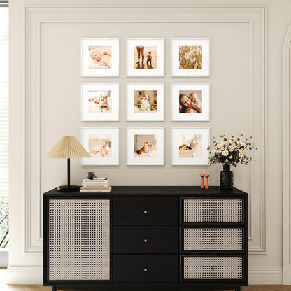 12x12 Picture Frame Set of 9, Display Pictures 8x8 with Mat or 12x12 without Mat, Multi Collage Gallery Square Photo Frames for Wall or Tabletop, Black