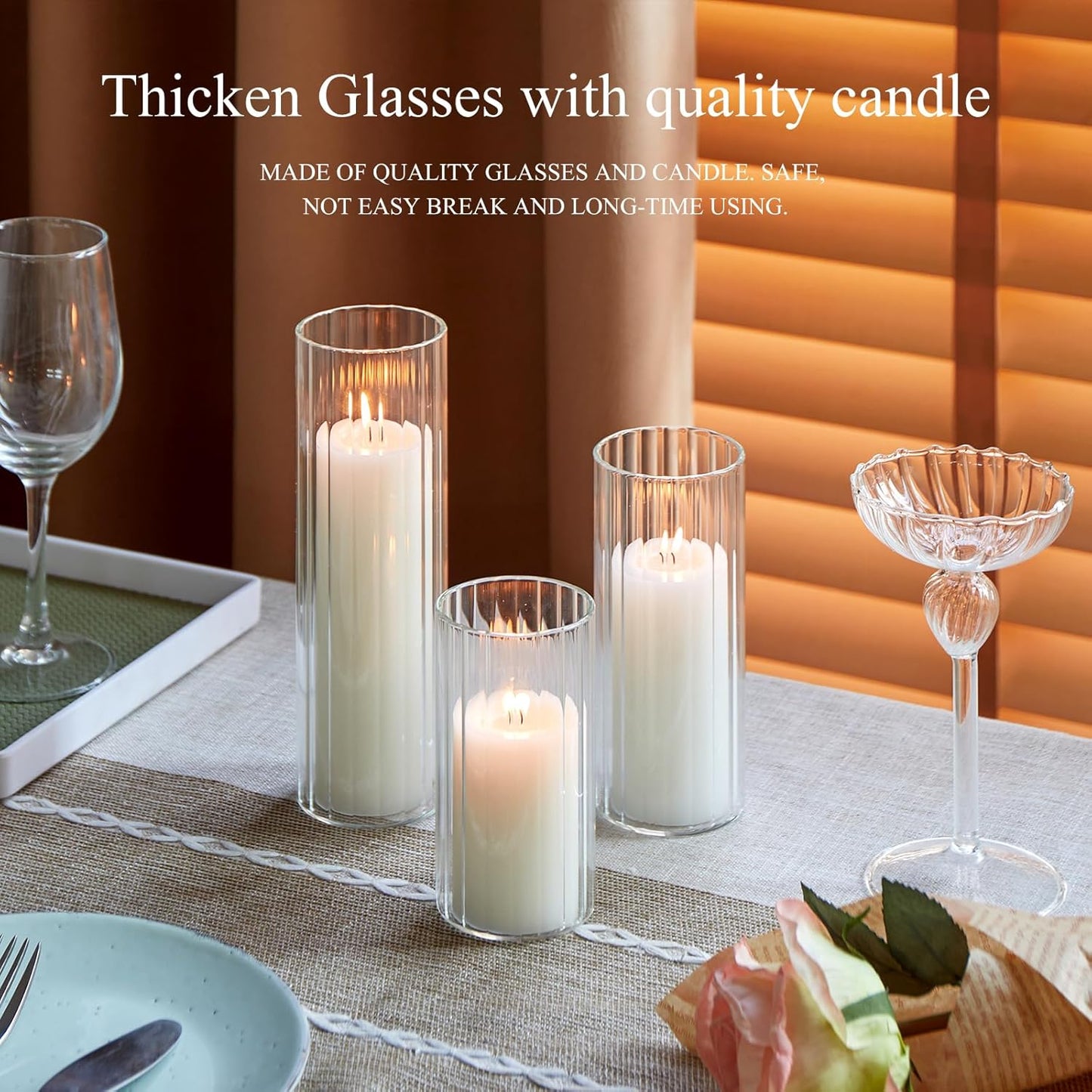 Set of 6 White Pillar Candles with Clear Glass Hurricane Holders- Elegant Cylinder Candle Vases for Weddings, Parties, Centerpieces, Home & Office Decor (White, 6 Set)