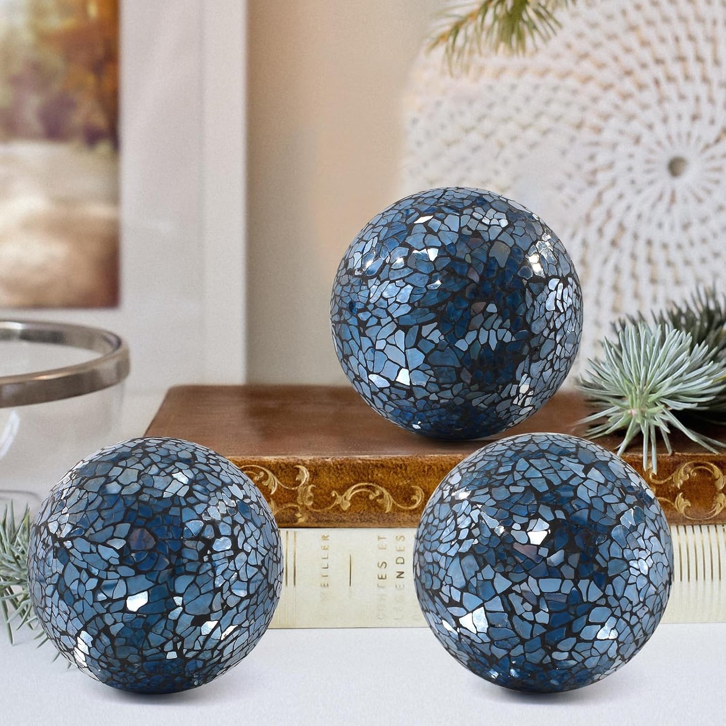3Pcs Mosaic Glass Orbs Decorative Balls Set 8.5cm/3.35inch Blue Sphere Wedding Party Home Decor Table Centerpiece