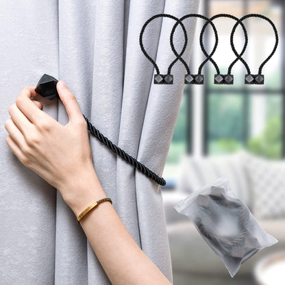 NazTur Magnetic Curtain Tiebacks- Upgrade 2022 with a Thicker Twist Rope & Strong Magnet Tieback Window Treatment Holdbacks Draperies Holders Decorative Drape Handmade Tie Back (Black, 2)