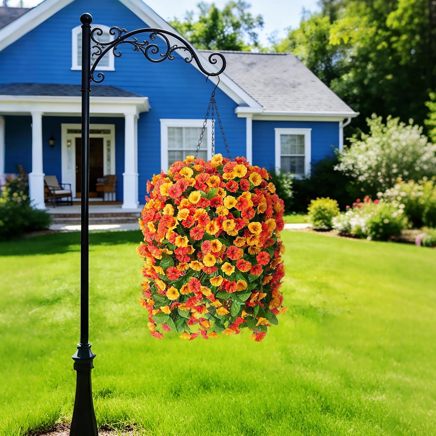 INXUGAO Artificial Flowers with Hanging Basket, Outdoor Faux Plants Silk Morning Glory Vines, Fake Green Arrangement for Garden Patio Spring Summer Decor(4pcs,Darkorchid)
