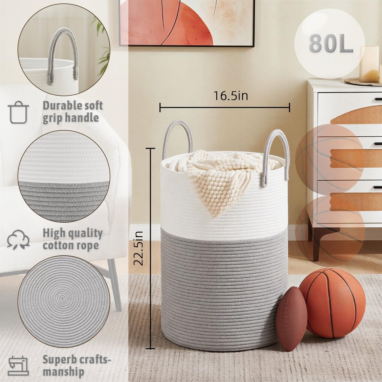 Artfeel Laundry Basket,Woven Cotton Rope Laundry Hamper,60L for Decor Storage of Dirty Clothes,Toys and Blankets in Bathroom,Baby Room and Living Room