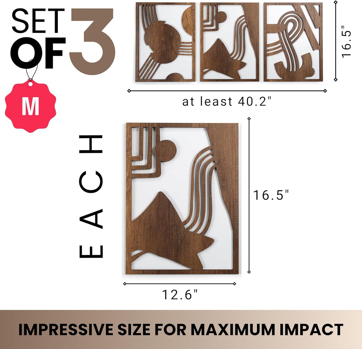 qmmp Modern Wooden Wall Sculptures - Set of 3 - Home Decor Accent - Large Wall Art for Living Room, Bedroom, Office - Easy Installation (Oak, Medium - Mountain and Sun)