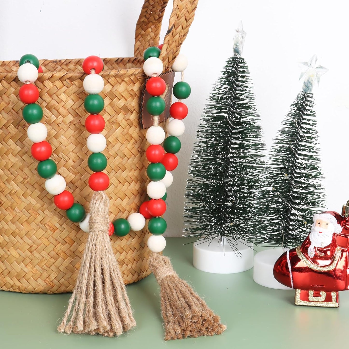 Meplait Wood Bead Garland, 39in Farmhouse Beads with Tassels for Tiered Tray Decor