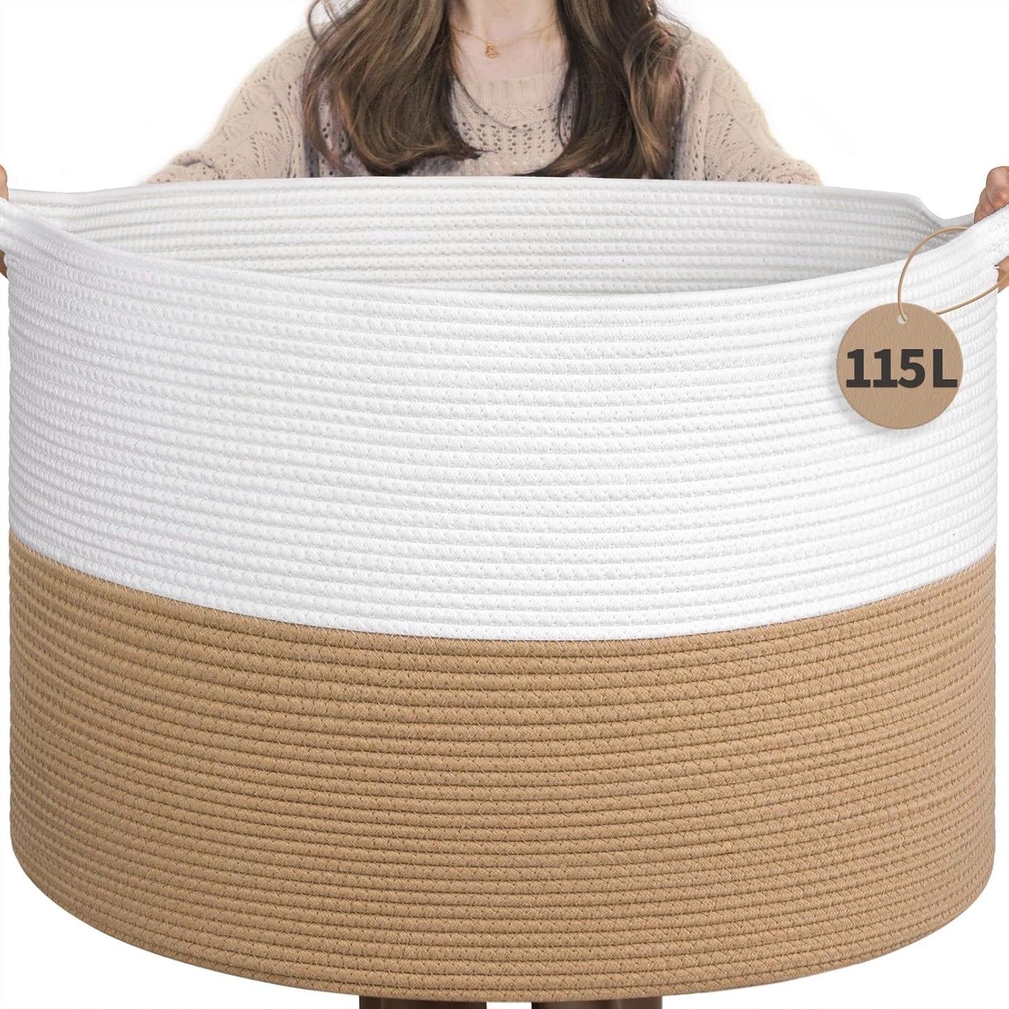 INDRESSME XXXLarge Blanket Basket for Living Room 21.7" x 21.7" x 13.8"-Storage Basket with Handle for Organizing Toy Pillows Woven Cotton Rope Laundry Basket Stuffed Animal Toy Storage for Play Room