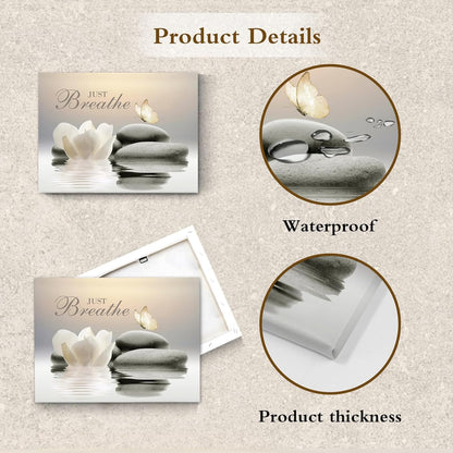 EOBTAIN Zen Flower Canvas Wall Art Bathroom Butterfly and Water Lily Stone Relaxing Spiritual Yoga Framed Wall Art Just Breathe Pictures Canvas Wall Decor for Living Room Bedroom,12x16 Inches