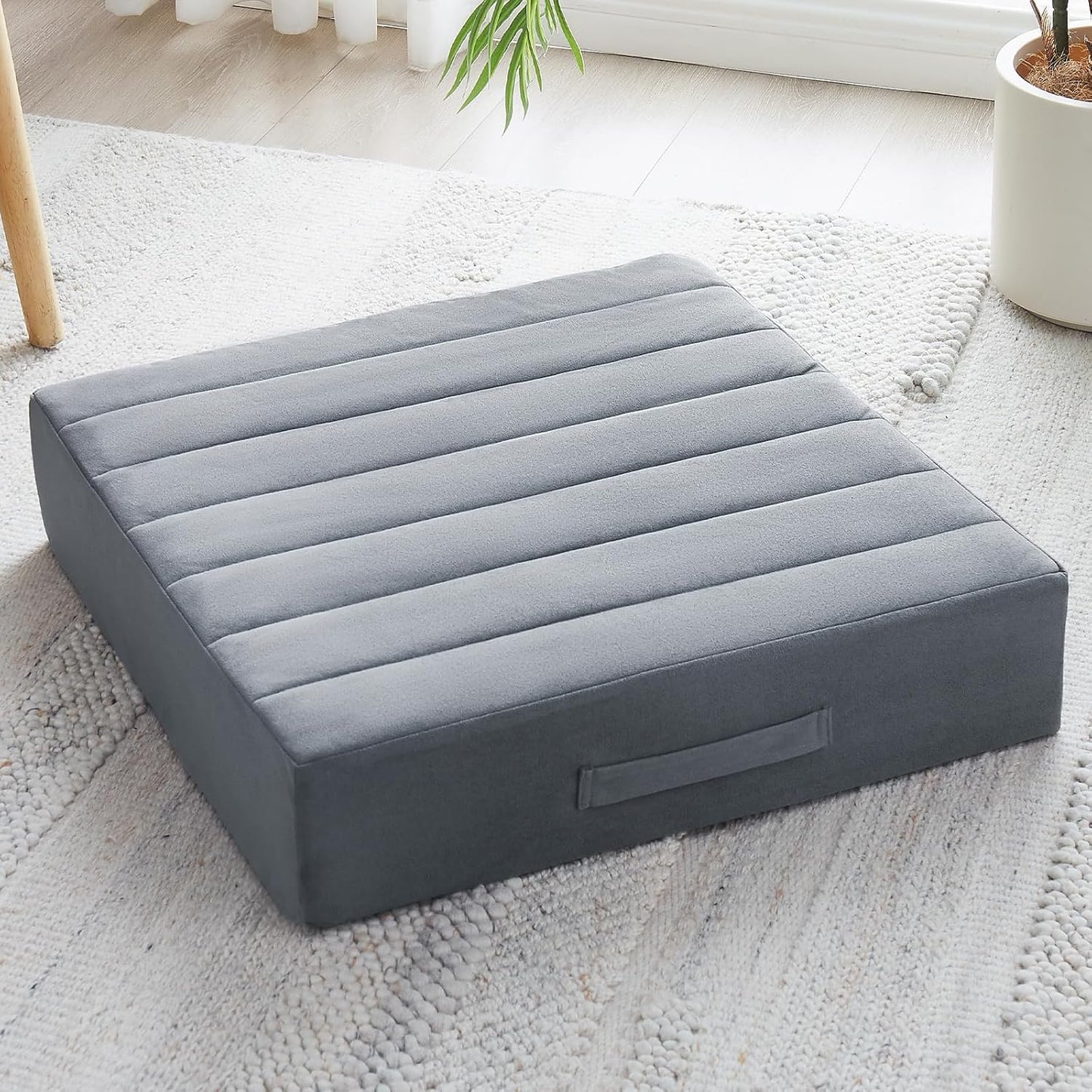 JKMAX 2 Pcs High Density Foam Floor Pillow - Upgraded Large Pillows Seating for Adults - Outdoor Floor Cushion with Soft Tufted Cover - Yoga Pillows for Sitting On Floor - 22 Inch Light Gray