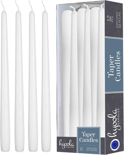 Hyoola 12 Pack Tall Taper Candles - 10 Inch White Dripless, Unscented Dinner Candle - Paraffin Wax with Cotton Wicks - 8 Hour Burn Time