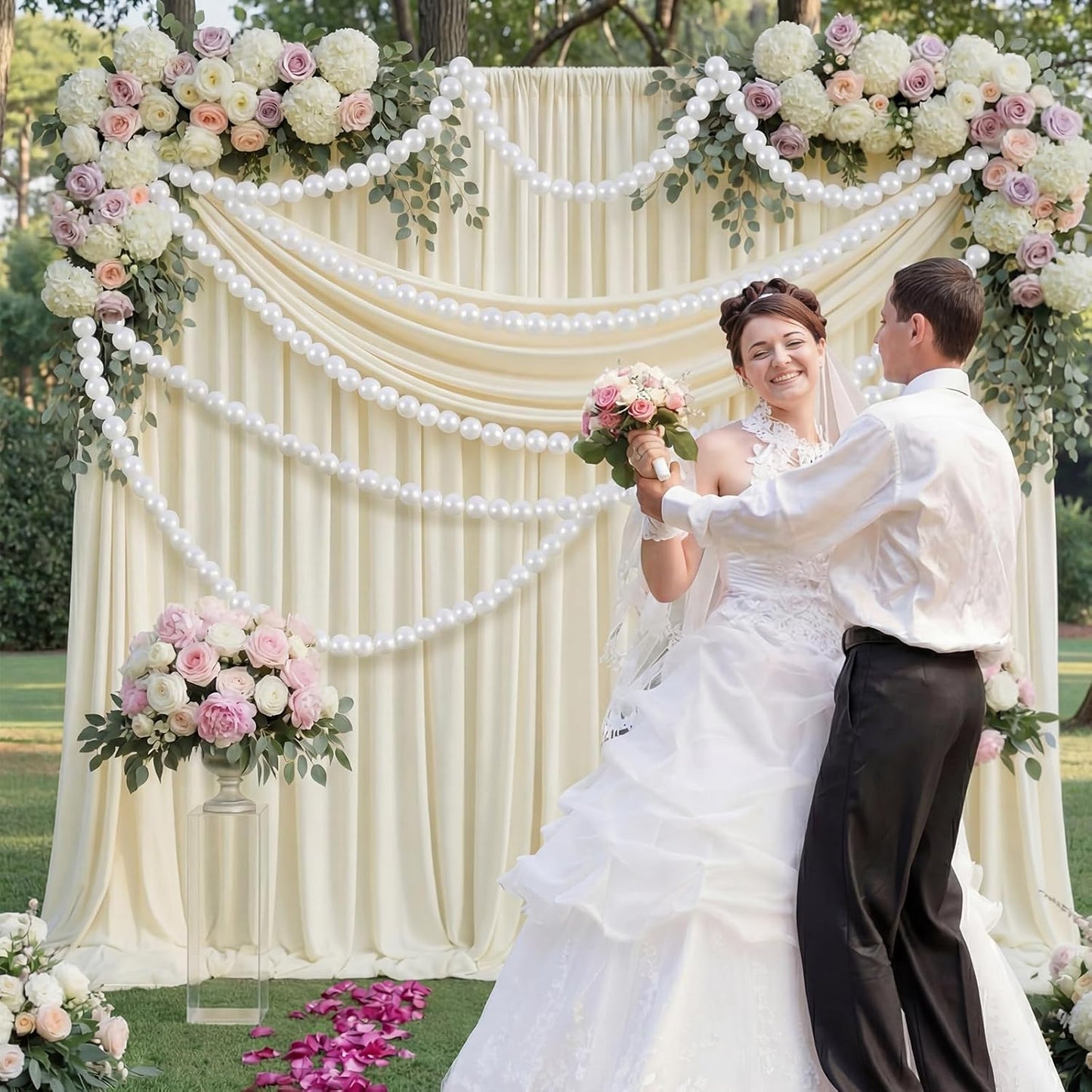 Canlierr 2 Pcs 5.6ft Wedding Giant Pearl Garland Decorations Large Faux Bead Garland with Hook for Ceremony Photo Booth Outdoor Proposal Scene Garden Beach Party Decor(Ivory White,25mm,Simple)