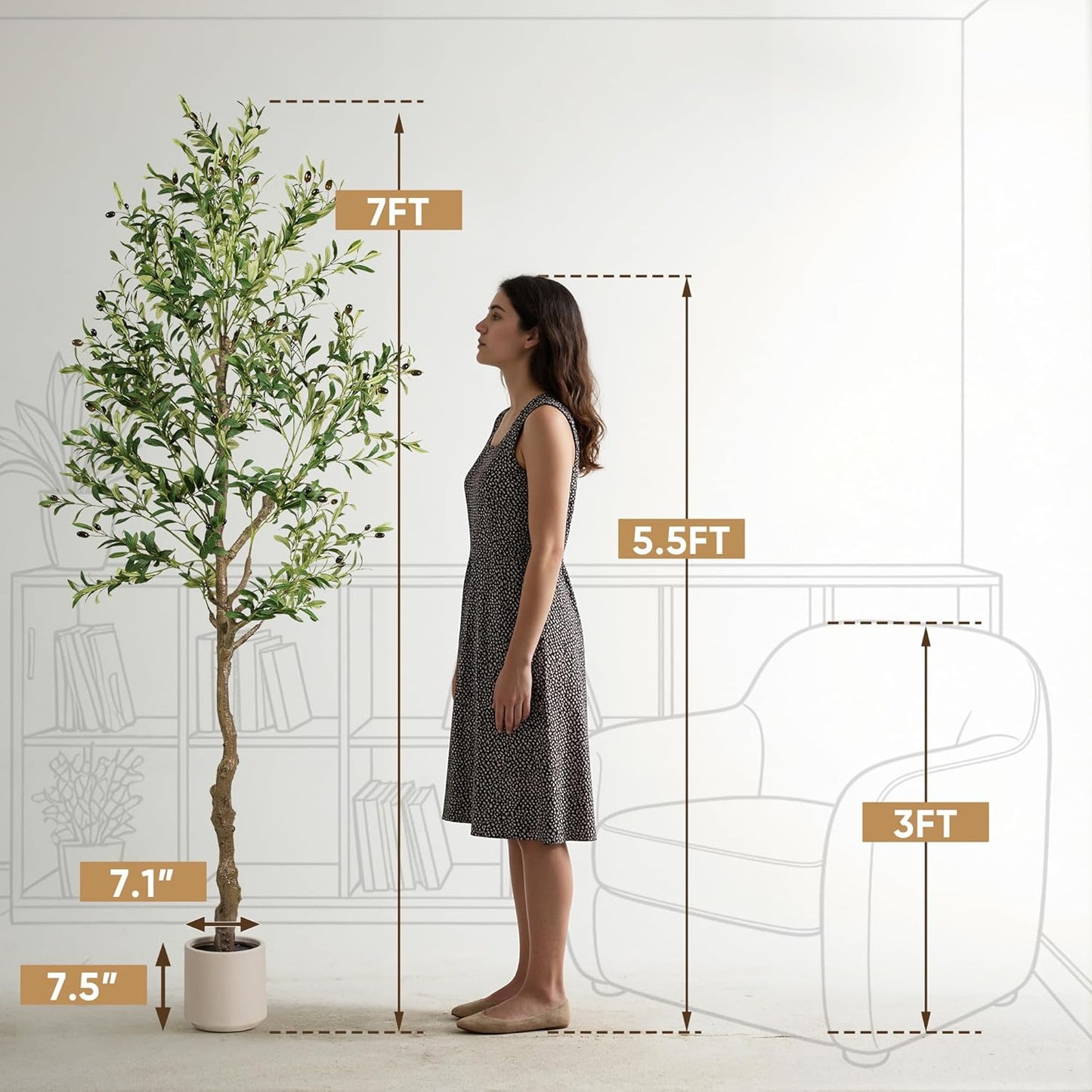 Olive Tree Artificial Indoor, 7 FT Faux Olive Trees with Planter, Fake Tall Plants with Natural Trunk and Lifelike Fruits for Home Office Decor(1, 7FT)