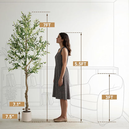 Olive Tree Artificial Indoor, 7 FT Faux Olive Trees with Planter, Fake Tall Plants with Natural Trunk and Lifelike Fruits for Home Office Decor(1, 7FT)