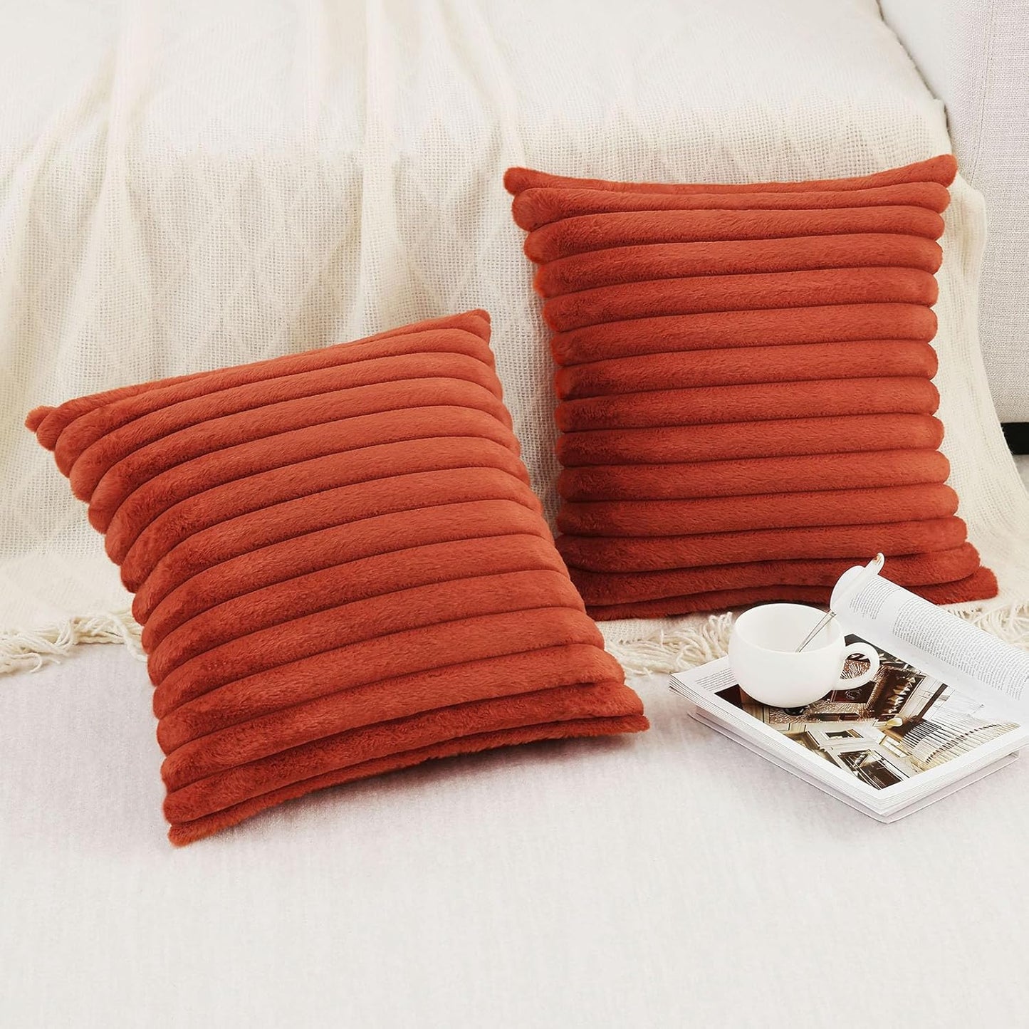 Pallene Faux Fur Plush Throw Pillow Covers 18x18 Set of 2, Luxury Soft Fluffy Striped Decorative Pillow Covers for Sofa, Couch, Living Room, Cream White