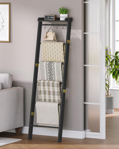 Hzuaneri Blanket Ladder Shelf, Decorative Quilt Rack, 6-Tier Farmhouse Ladder Holder Organizer with 4 Removable Hooks 7.9" D x 17.3" W x 63.4" H, Rustic Brown BR35801B
