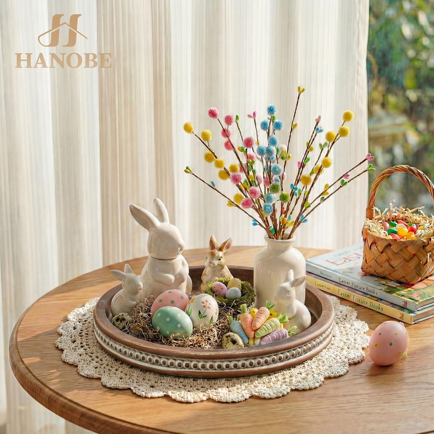 Hanobe Round Wooden Decorative Tray: White Washed Bead Tray Decor for Coffee Table Centerpiece Rustic Farmhouse Tray for Kitchen Counter Living Room Decoration