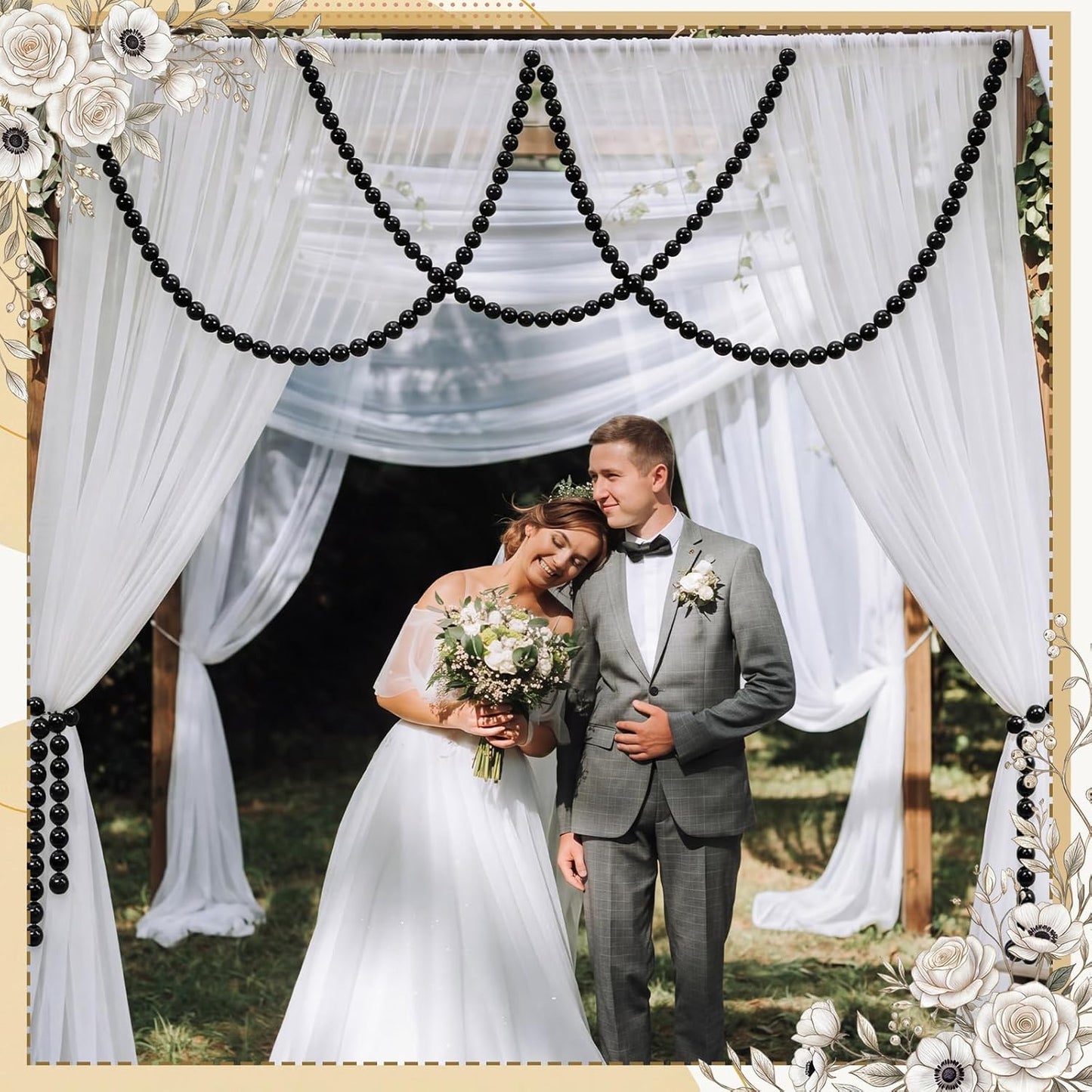 Canlierr 2 Pcs 5.6ft Wedding Giant Pearl Garland Decorations Large Faux Bead Garland with Hook for Ceremony Photo Booth Outdoor Proposal Scene Garden Beach Party Decor(Ivory White,25mm,Simple)
