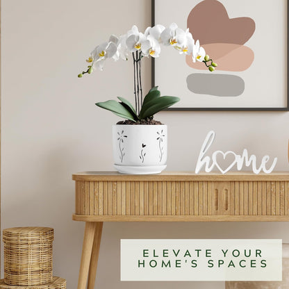 2 Pack, 5 + 6 Inch White Orchid Pots with Holes and Saucer, Ceramic Orchid Planters for Repotting with Drainage Holes and Tray, Plant Flower Pot containers for Orchid Indoor Outdoor