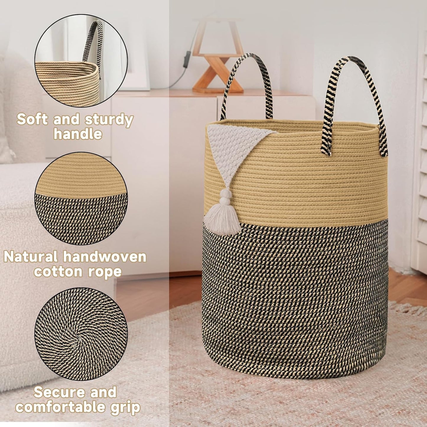JMvicyroam Large Woven Laundry Basket Hamper,60L Cotton Rope Storage Bin for Blankets,Toys and Clothes,Decorative Tall Nursery Hamper for Living Room,Baby Nursery,Bathroom and Bedroom,Brown
