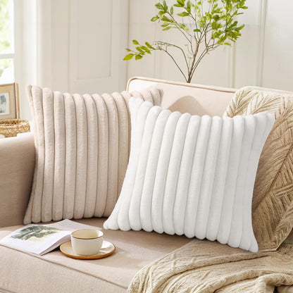 Pallene Faux Fur Plush Throw Pillow Covers 18x18 Set of 2, Luxury Soft Fluffy Striped Decorative Pillow Covers for Sofa, Couch, Living Room, Cream White