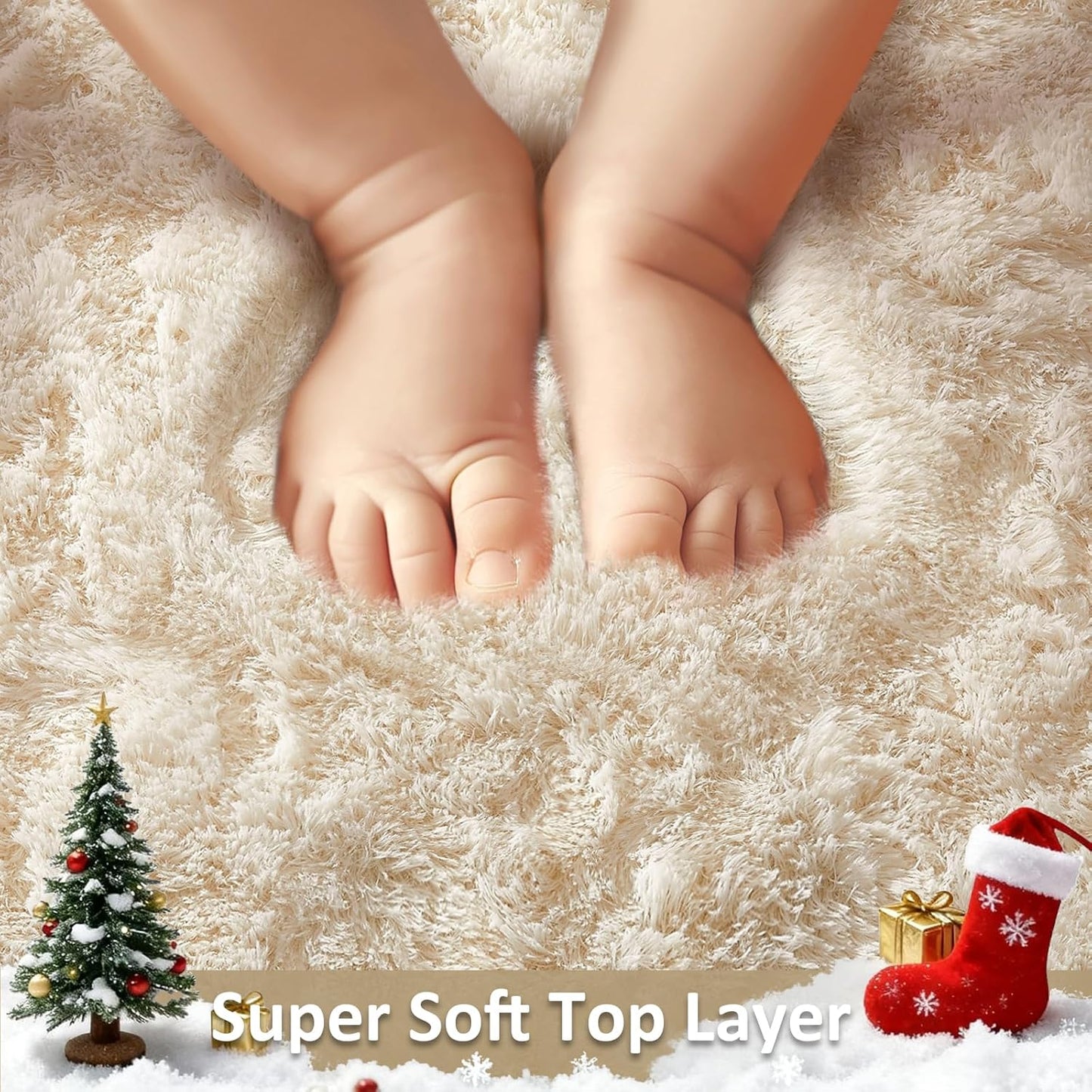 Ophanie Round Rugs 5Ft Ivory Circle Area Rug, Nursery Room Decor, Christmas Aesthetic Bedroom Home Circular Carpet 5 Foot, Fluffy Fuzzy Shag Plush Cream Living Room Rugs for Kids Boys Girls Teen Baby