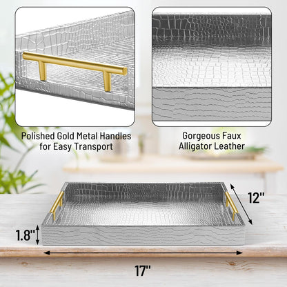 ATZYmolin 17" x 12" Wood Serving Tray with Gold Polished Metal Handles, Home Decorative Wooden Rectangle Ottoman Leather Decor Platter Bathroom Vanity Tray for All Occasions White