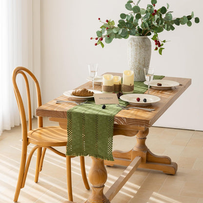 Keketoarrange Boho Sage Green Table Runner for Summer Home Decorations 12x72 Inches Farmhouse Small Macrame Woven Burlap Rustic Coffee Dresser Dining Kitchen Centerpiece Bohemian Decor