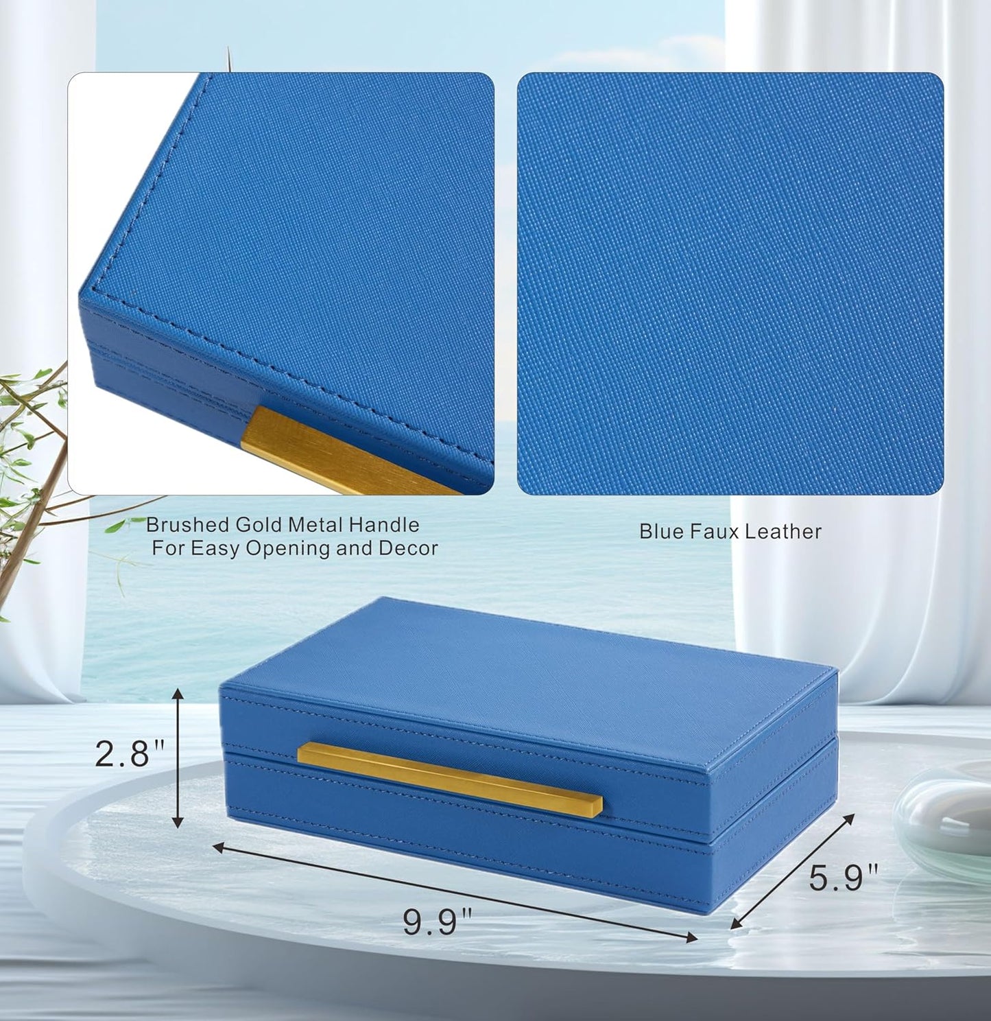 Sagala Set of 2 Ivory Shagreen Decorative Boxes With Brushed Gold Metal Handles, Faux Leather Jewelry Boxes Modern Storages Photo Memory Boxes Home Organizer Boxes (Ivory-Gold, 2pack)