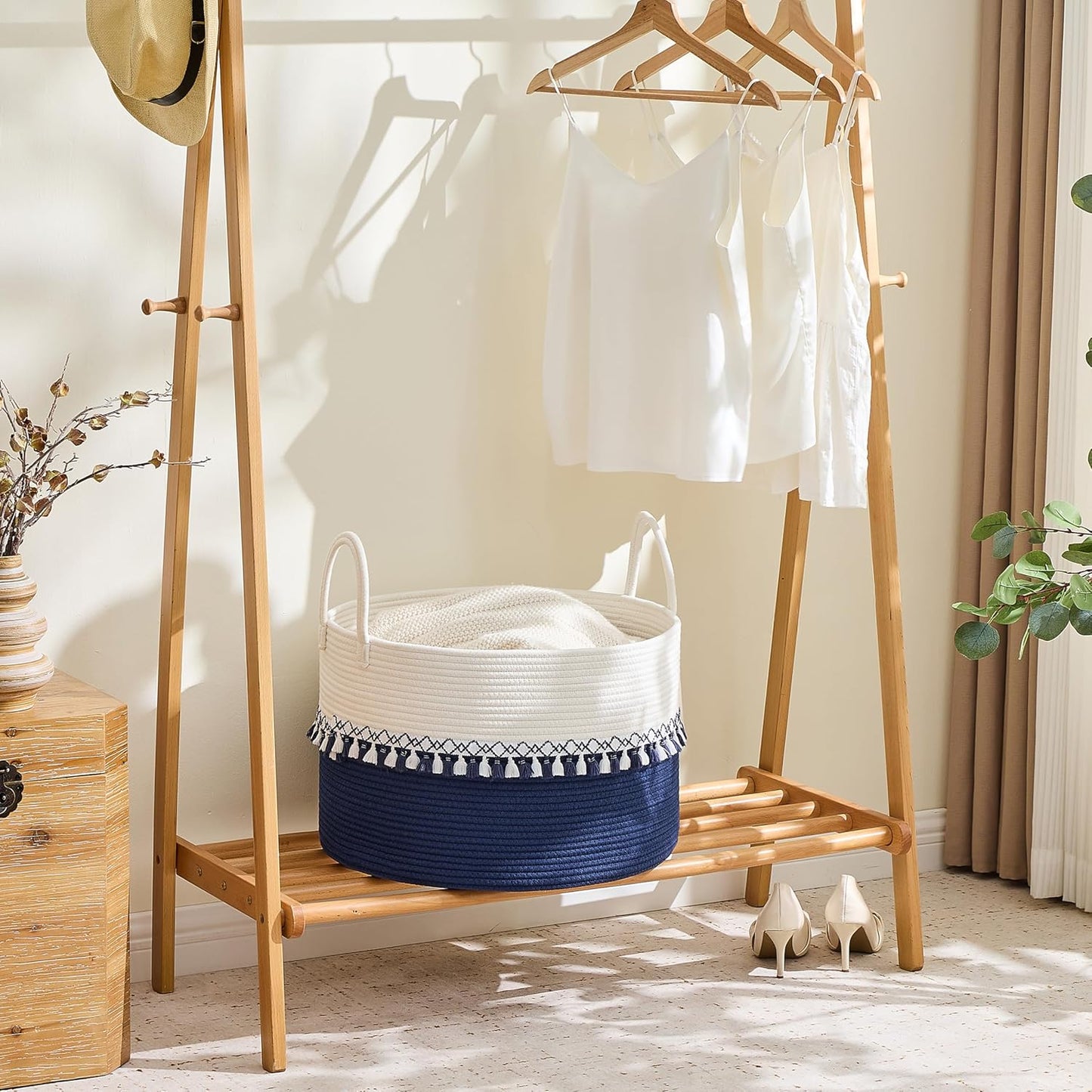 KAKAMAY Large Blanket Basket (20"x13"),Woven Baskets for storage Baby Laundry Hamper, Cotton Rope Blanket Basket for Living Room, Laundry, Nursery, Pillows, Baby Toy chest (White/Brown)