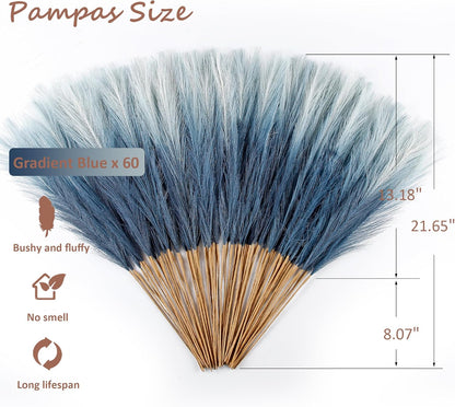 20Pcs Navy Blue Gradient and White Faux Pampas Grass Decor, 21.7"" Pompas Grass Flower Arrangement and Vase Filler for Boho Home Wedding Decoration, Black