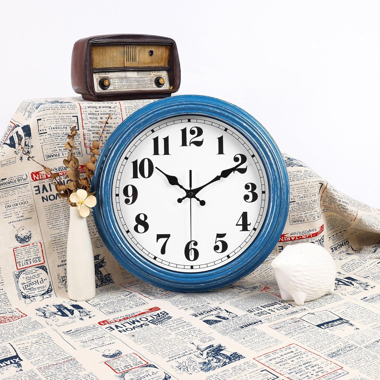 JENLYSTIME 12 Inch Indoor/Outdoor Retro Waterproof Wall Clock with Thermometer Silent Round Quartz Battery Operated Easy to Read Decorative for Kitchen Patio,Bathroom,Deck,Porch,Pool(Blue)