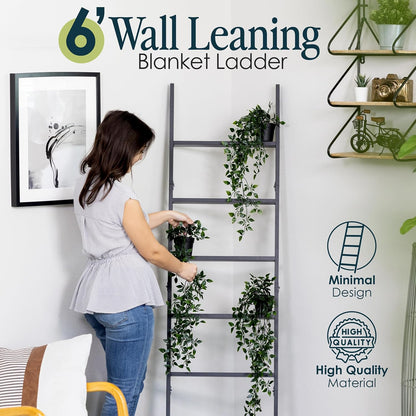 Blanket Ladder for Living Room and Bedroom, 5ft 8 inch, 6-Tier Wall Leaning Laminate Snag Free Construction (White) Rustic Decorative Farmhouse Blanket Storage, Quilt Rack, Ladder Shelf, Easy Assembly