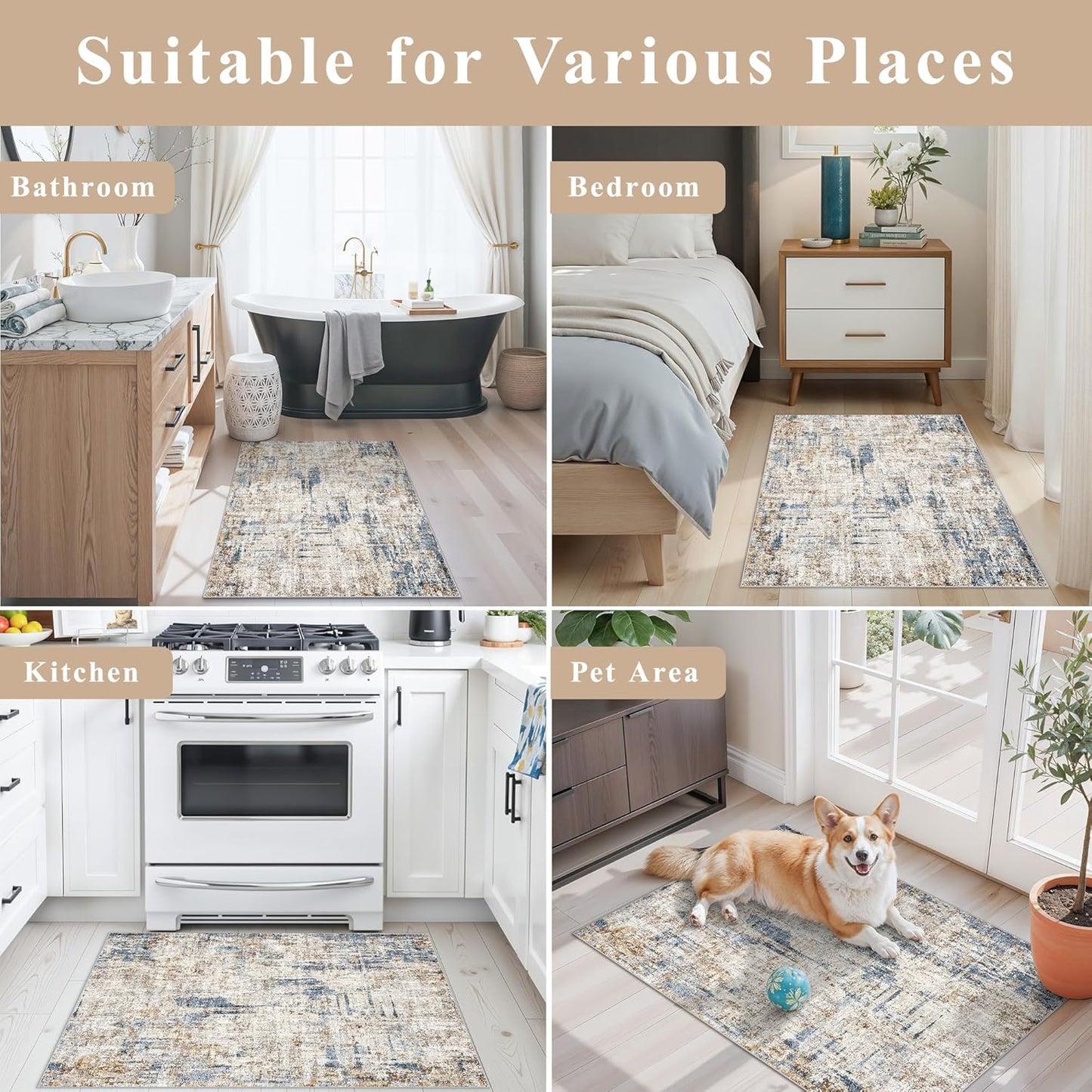 2x3 Washable Non-Slip Area Rug - Soft Low Pile Throw Rug for Kitchen Entryway Bedroom - Modern Indoor Door Mat with Rubber Backing (Beige Grey) - Colors A