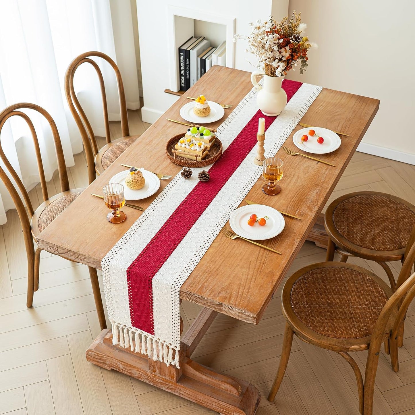 FEXIA Boho Table Runner for Thanksgiving Fall Christmas Home Decor with Tassels 72 Inches Long Pottery barn Furniture Farmhouse Rustic Macrame Burlap Table Decoration for Living Room (12x72 Inches)