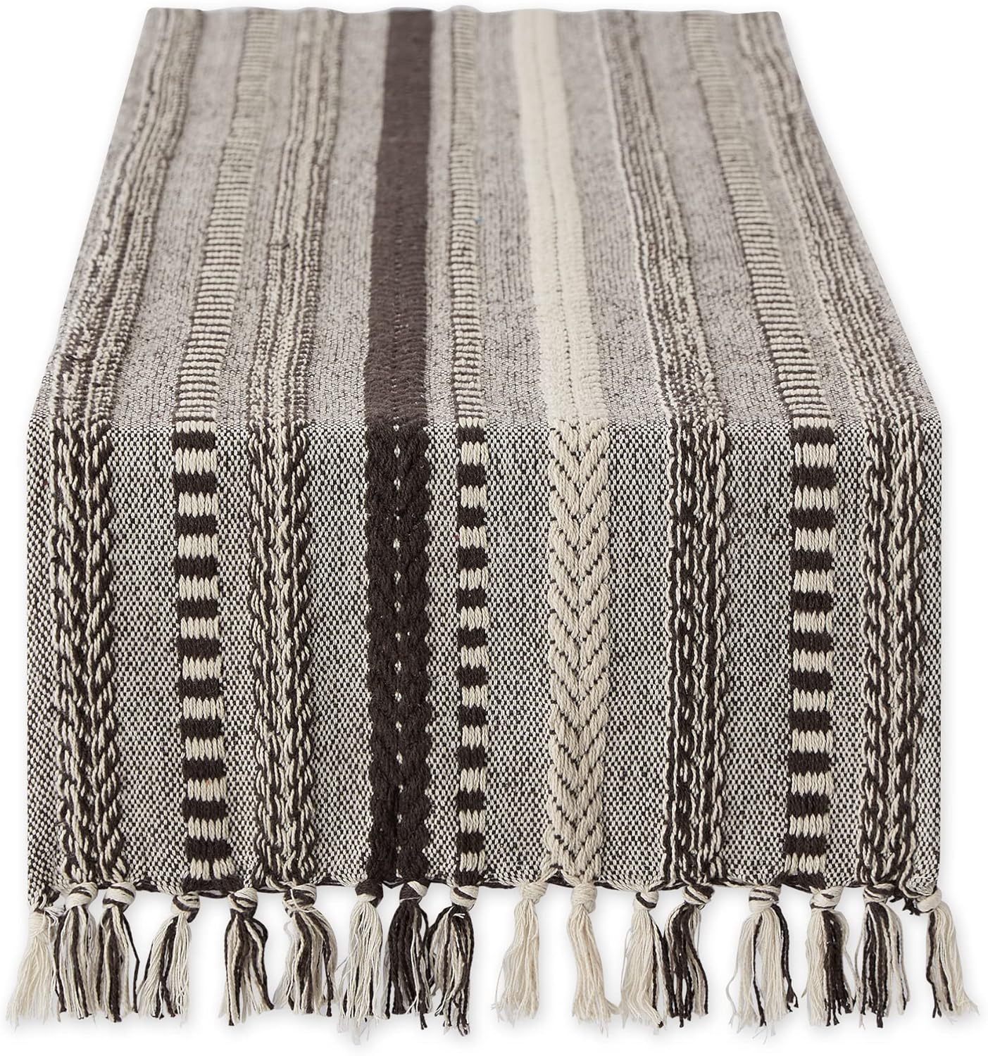 DII Farmhouse Braided Stripe Table Runner Collection, 15x72 (15x77, Fringe Included), Black