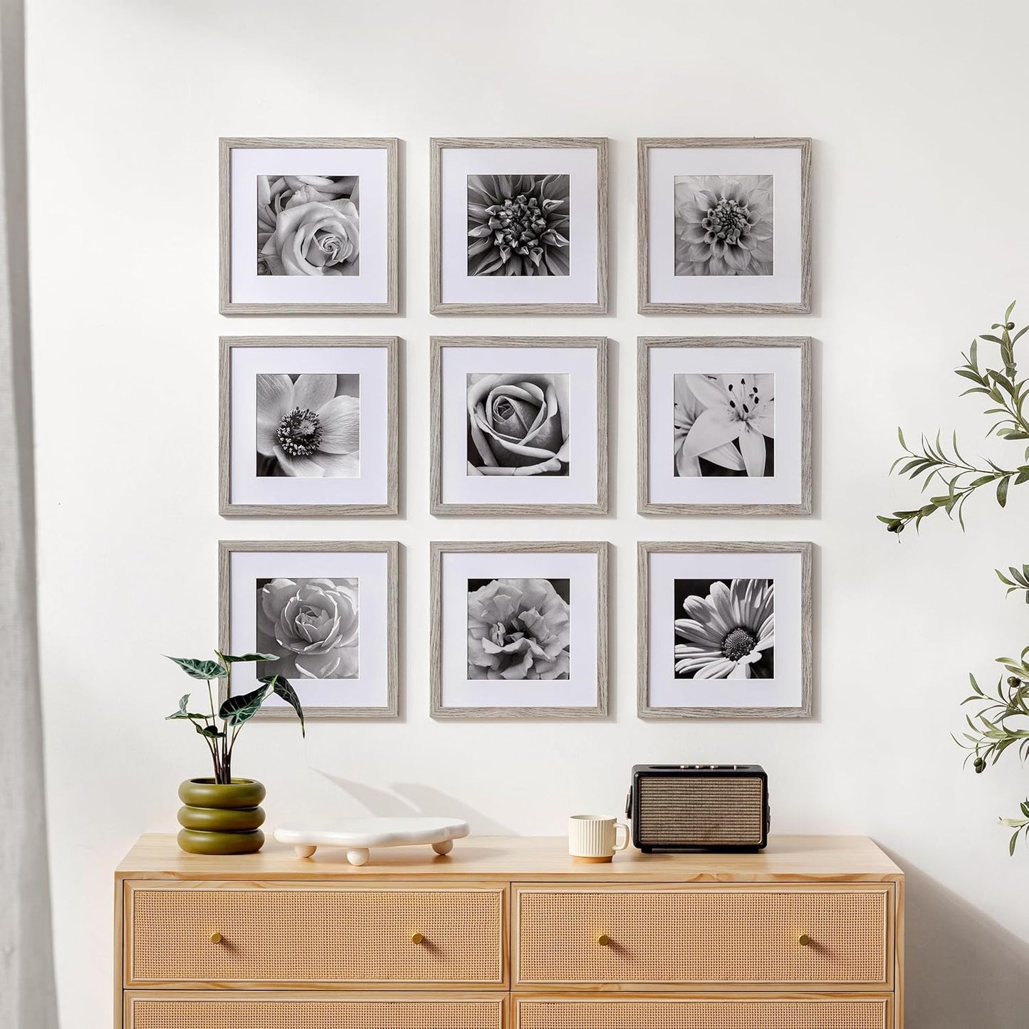 eletecpro 12x12 Picture Frames Set of 9 with Clear Acrylic Cover, Display 8x8 Photos with Mat or 12x12 Without, Classic and Sturdy Square Collage Gallery Wall Decor, Easy Wall Mount, Black