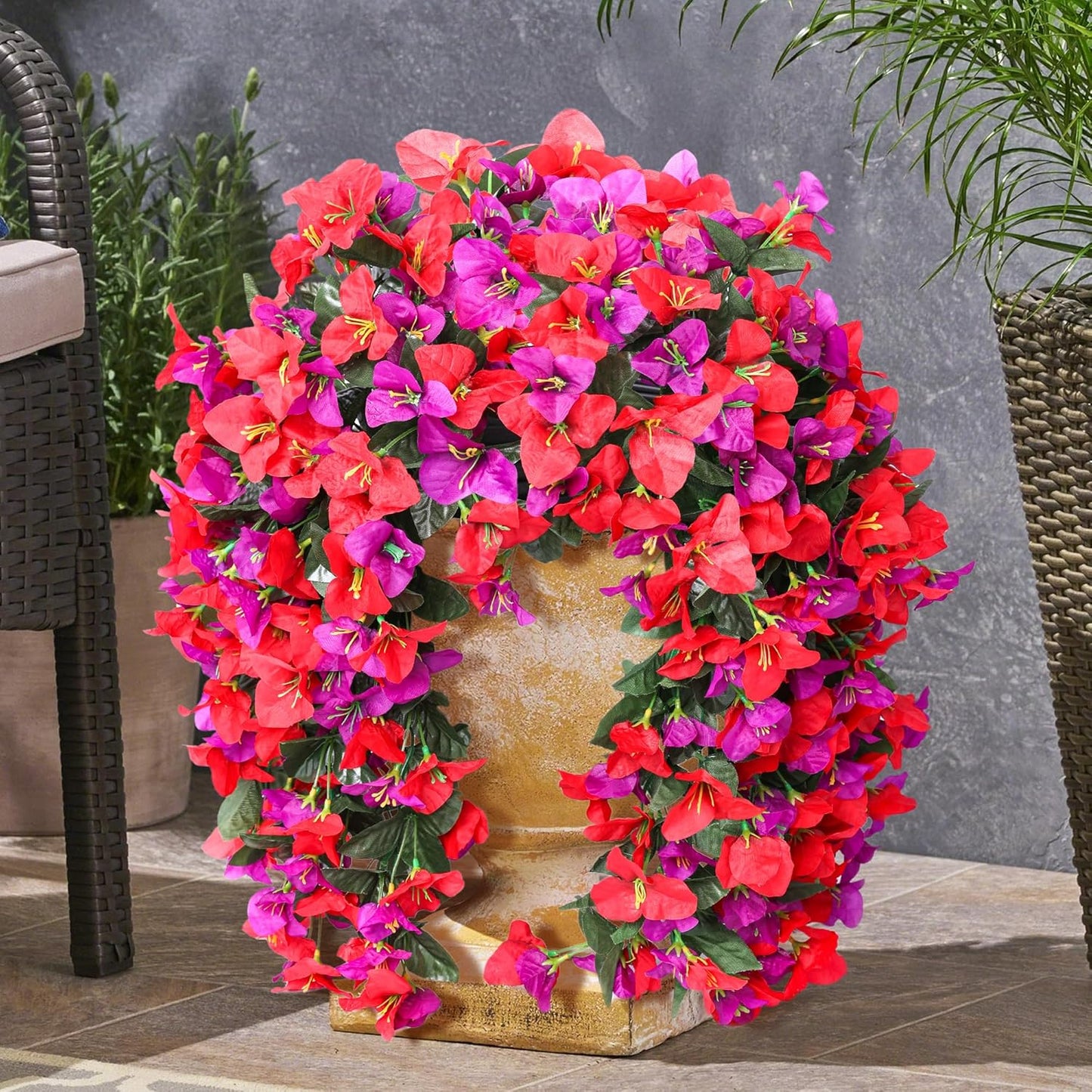 Faux Bougainvillea Artificial Flowers Plants for Outdoor Outside Decoration, 2 PCS Red Fake Flowers UV Resistant Look Real Silk Long Trailing Vines for Front Door Porch Planter Urn Patio Garden Yard