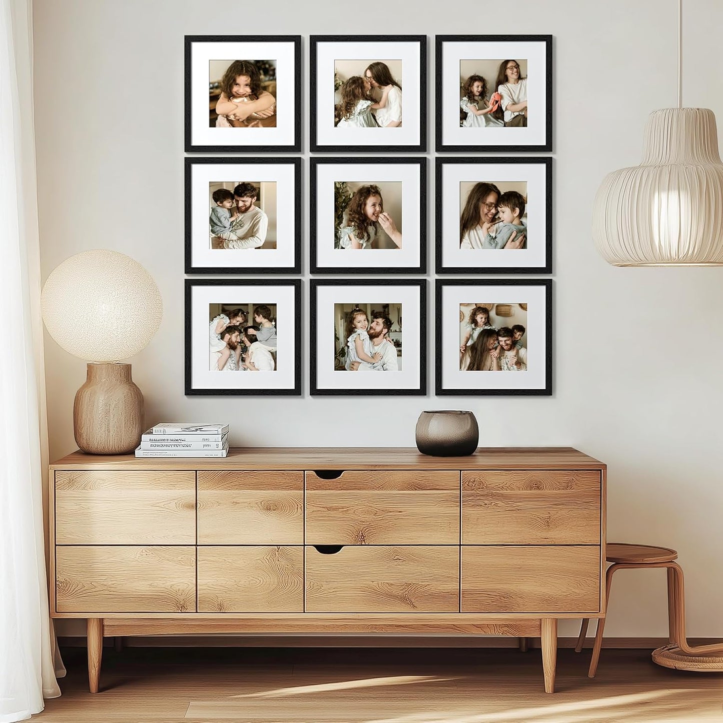 eletecpro 12x12 Picture Frames Set of 9 with Clear Acrylic Cover, Display 8x8 Photos with Mat or 12x12 Without, Classic and Sturdy Square Collage Gallery Wall Decor, Easy Wall Mount, Black