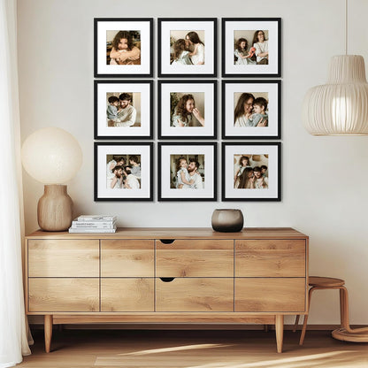 eletecpro 12x12 Picture Frames Set of 9 with Clear Acrylic Cover, Display 8x8 Photos with Mat or 12x12 Without, Classic and Sturdy Square Collage Gallery Wall Decor, Easy Wall Mount, Black