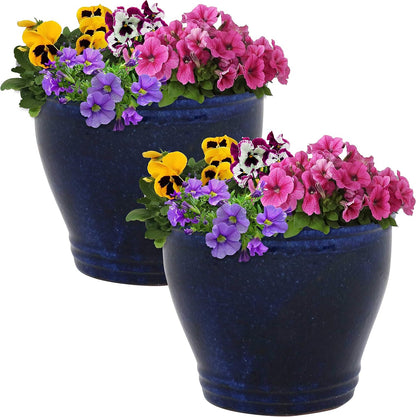 Sunnydaze Large Ceramic Plant Pot - Round Outdoor Glazed Ceramic Planter Pot with Drainage - Studio - Imperial Blue - 18.5"