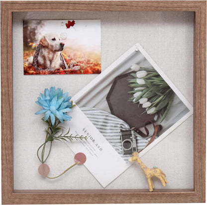 Muzilife 8x8 Shadow Box Picture Frame with Linen Board - Deep Wood & Glass Display Case Ready to Hang Memory Box Baby Sports Memorabilia, Pins, Awards, Medals, Wedding, Tickets and Photos (Black)