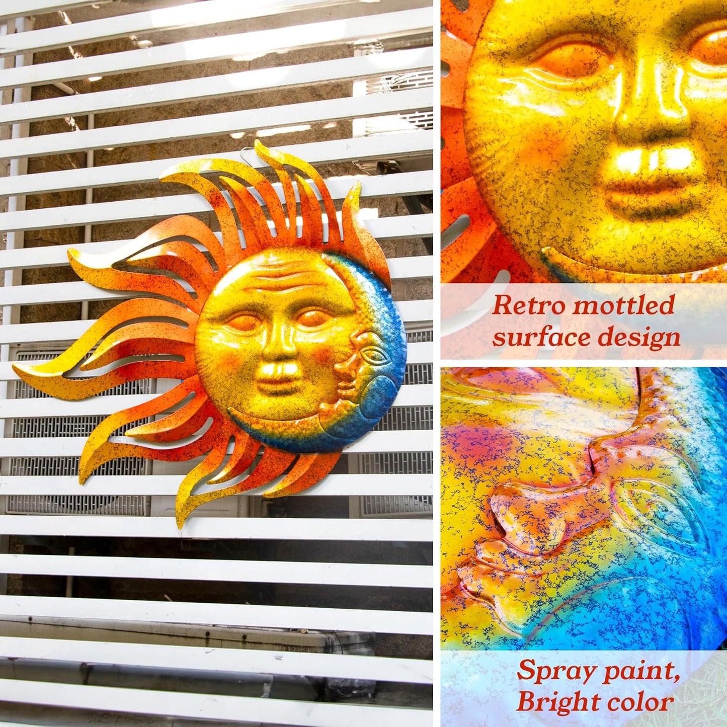 Large Sun Wall Art Decor 45 inch Metal Wall Art, Retro Hanging Decor, Valentine Wall Decorations for Patio,Yard,Garden,Fence,Living Room