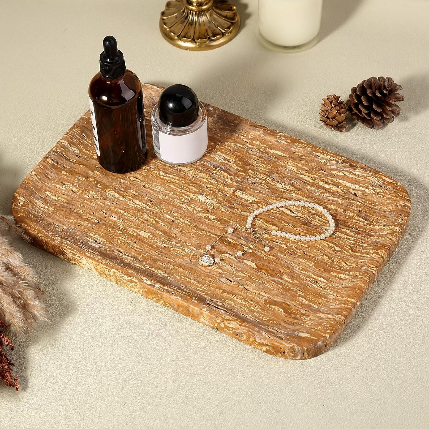 Marble Vanity Tray for Dresser Organizer, Travertine Bathroom Tray Countertop, Beige Decorative Serving Trays, Kitchen Sink Storage, Jewelry & Perfume Holder(Travertino Romano)