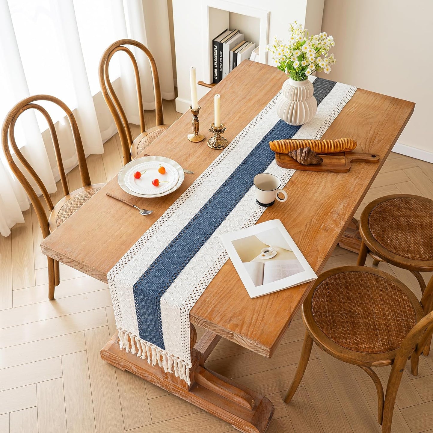 FEXIA Boho Table Runner for Thanksgiving Fall Christmas Home Decor with Tassels 72 Inches Long Pottery barn Furniture Farmhouse Rustic Macrame Burlap Table Decoration for Living Room (12x72 Inches)