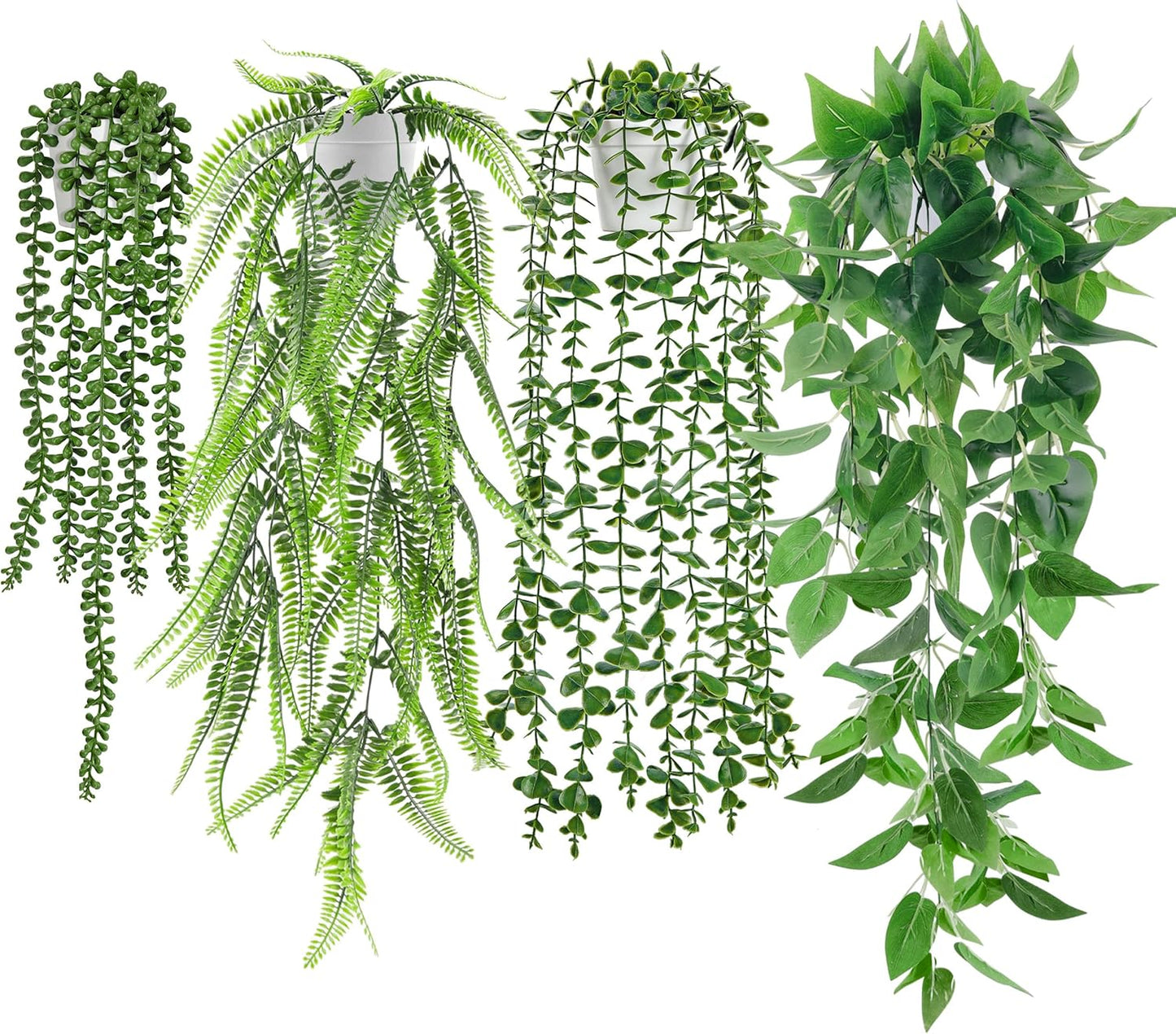 Der Rose 4Pcs Fake Plants Hanging Artificial Ivy Vine Faux Eucalyptus Hanging Plants, Boston Fern, String of Pearls for Living Room Aesthetic Bedroom Boho Kitche Wall Shelf Indoor Outdoor Decor